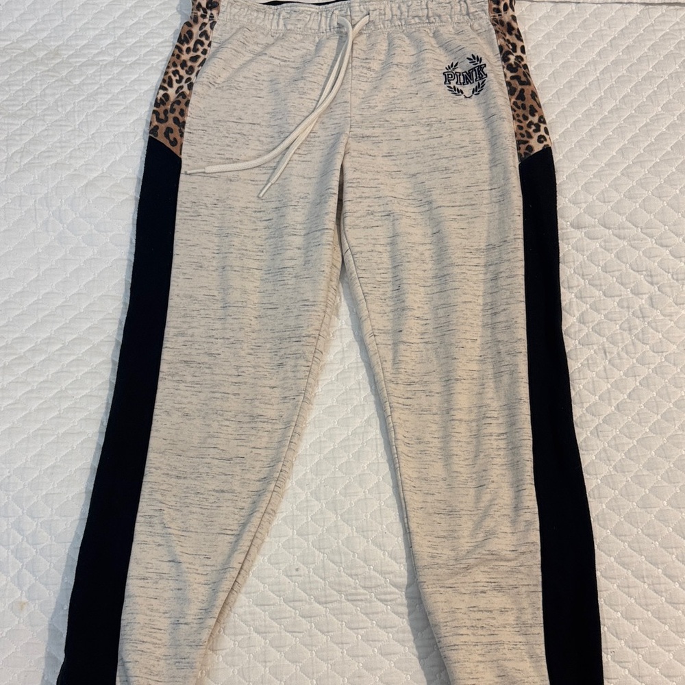PINK Victoria's Secret Kids Cream and Black Joggers with Leopard Accents
